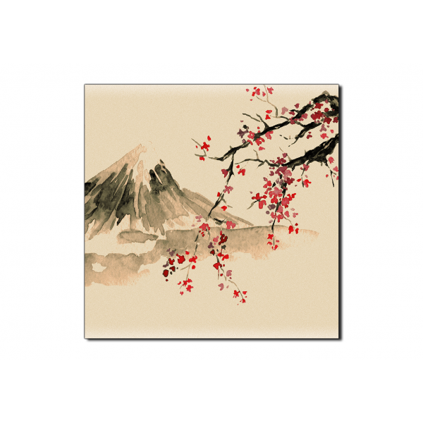 Obraz na plátně - Tradiční sumi-e obraz: sakura, slunce a hory - čtverec